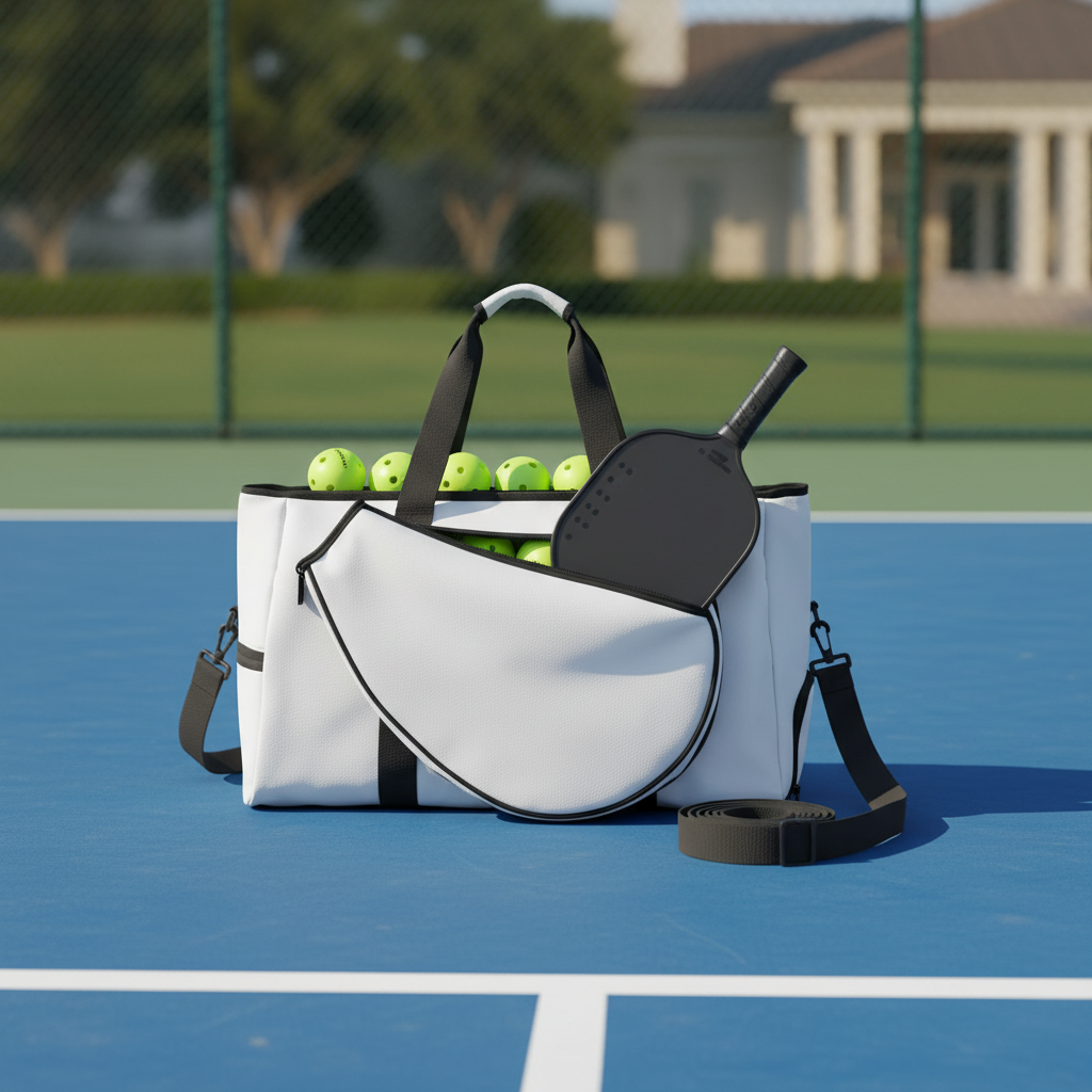 Pickleball bag with paddle in front pocket on court